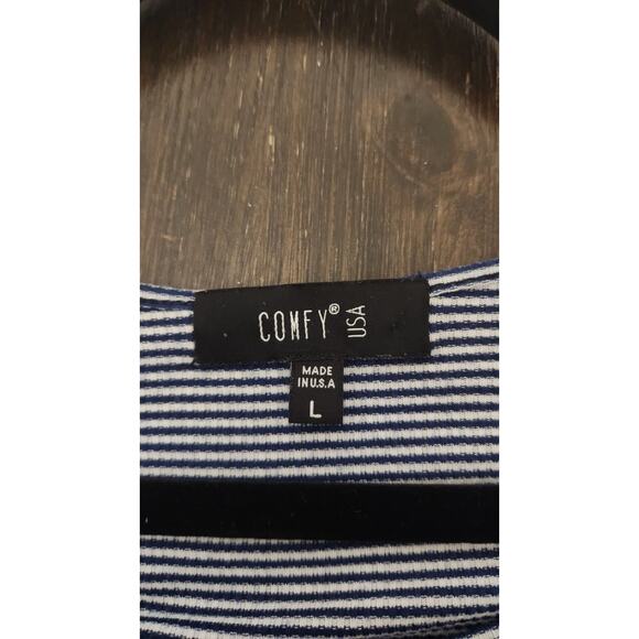 COMFY USA Stretch Striped Navy Blue White Casual Tee Dress Large Artsy Relaxed - Picture 3 of 9